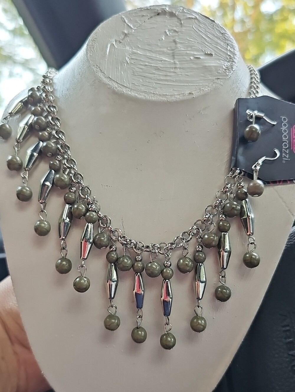 paparazzi Olive Green Beaded Fringe Necklace with Silver Accents